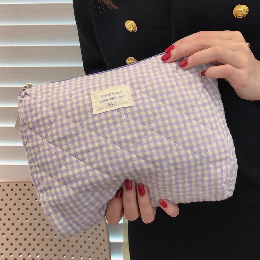 Large Capacity Cotton Makeup Bag Women Checkered Brushes Storage Bag Sweet Cute Travel Toiletry Bag Casual Ladies Soft Organizer