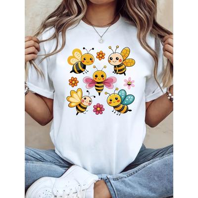 Cute Colorful Bee and Flower Pattern Printed T-Shirt for Women | Spring Summer Short Sleeve Round Neck Casual T-Shirt