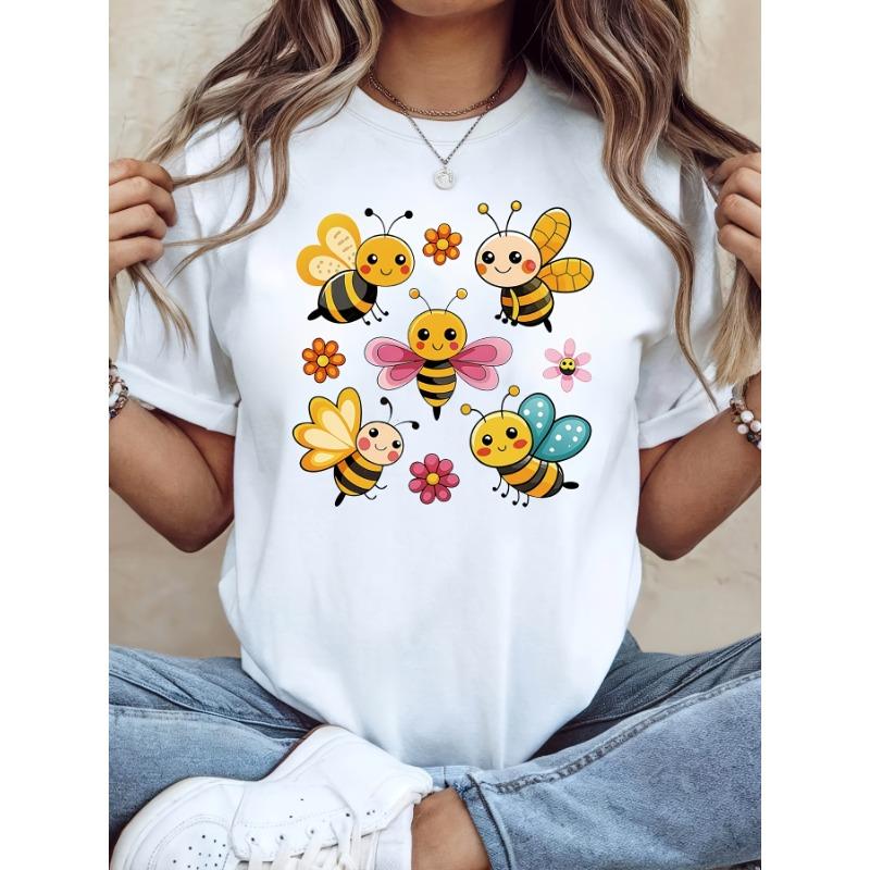 

Cute Colorful Bee and Flower Pattern Printed T-Shirt for Women | Spring Summer Short Sleeve Round Neck Casual T-Shirt S белый
