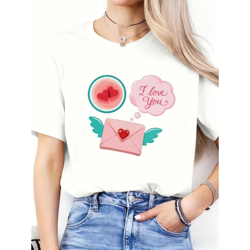 Valentine s Day Pink Envelope Heart Blue Wings I Love You Print Women s Casual Summer Tee S белый