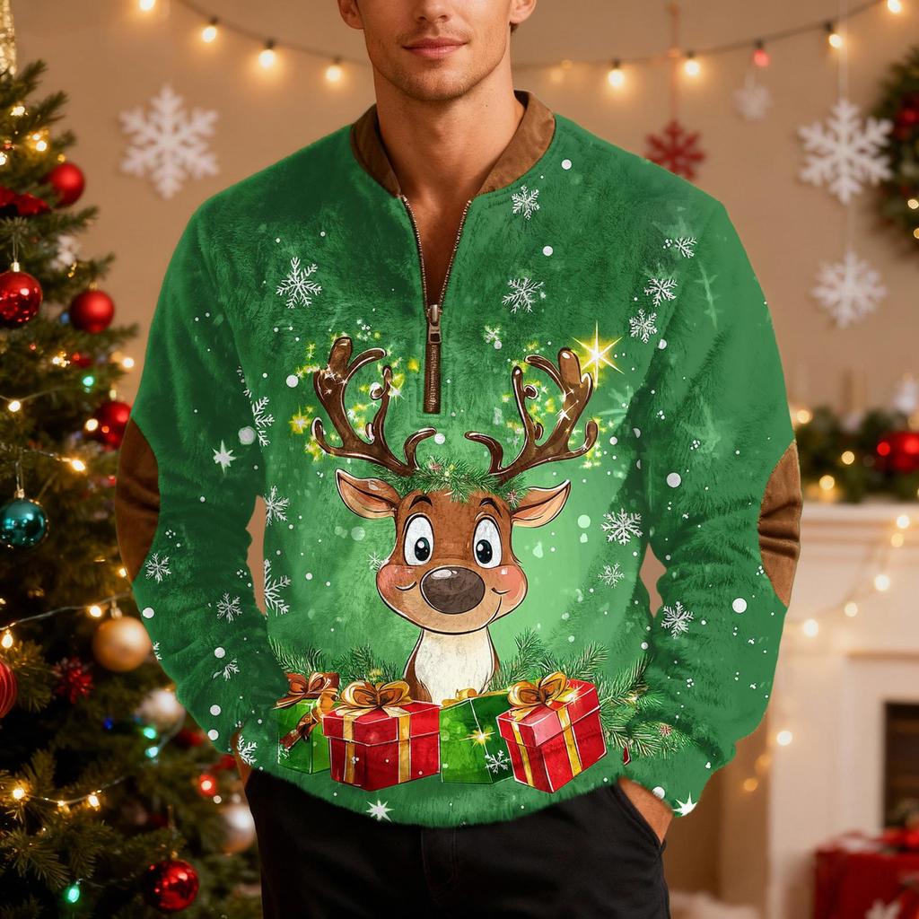 Mens Christmas Sweater Zip Up Sweatshirts Vintage Knit Graphic Sweatshirt Xmas Stand Collar Pullover