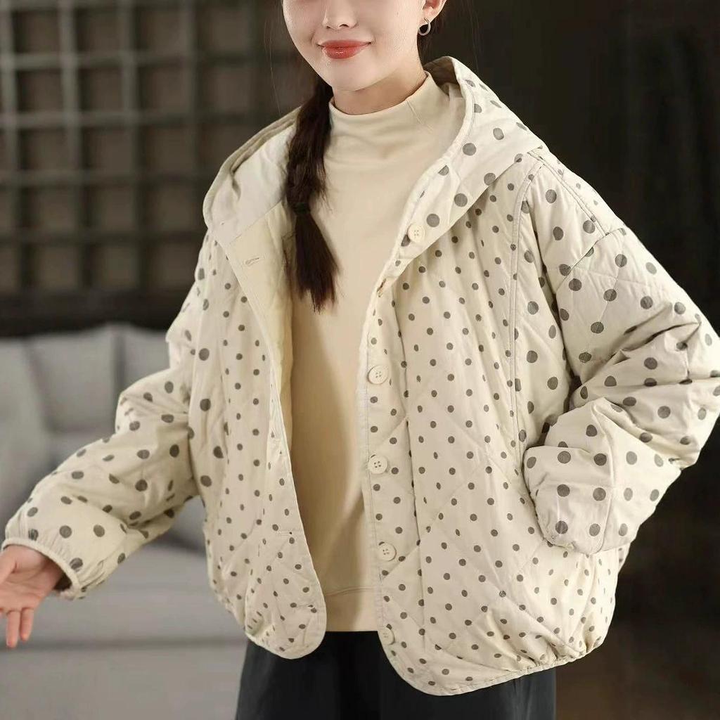 Johnature Women Vintage Hooded Button Warm Polka Winter Loose Casual Soft Female Pockets Thick Coats
