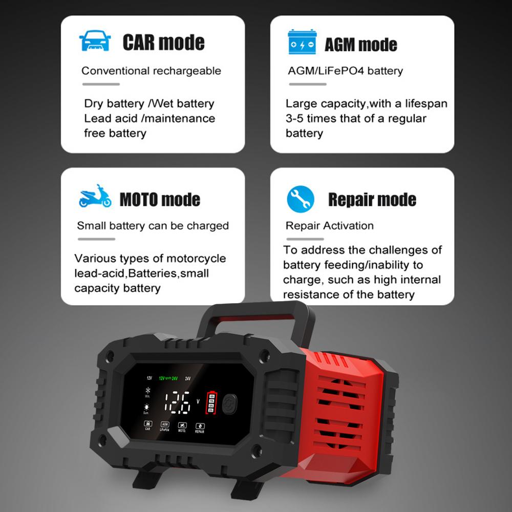12v/24v Fully Automatic Battery Charger 20A/10A 7-segment Smart Car Battery Charger for Agm Gel Wet Lead Acid Charging