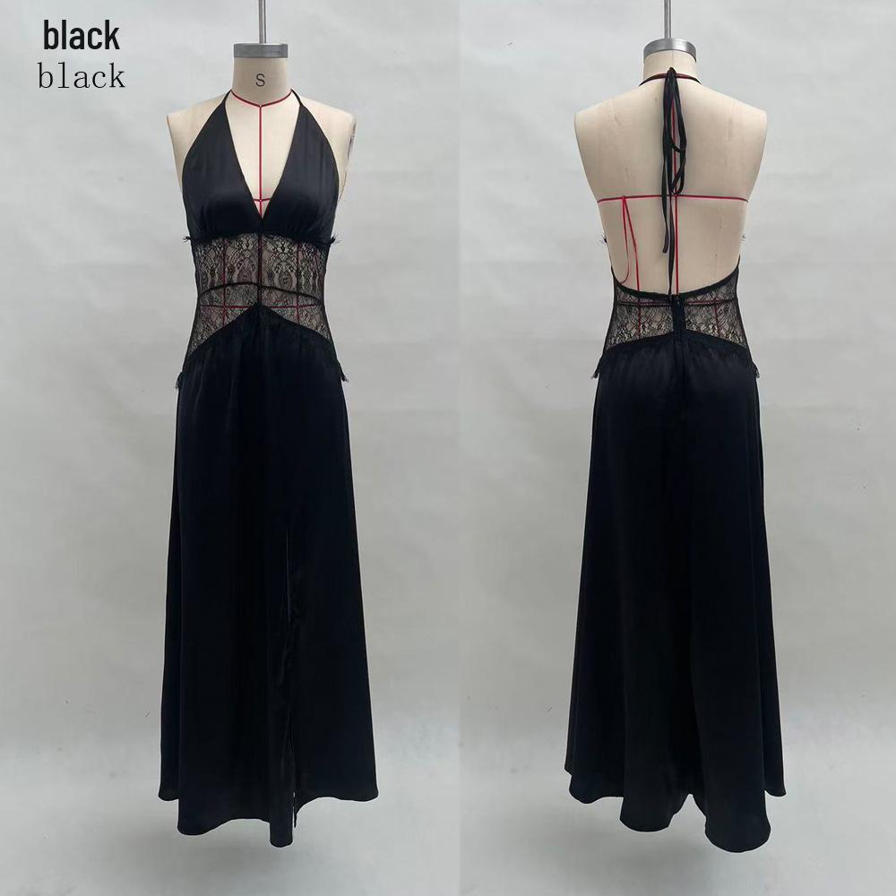 

2026 Spring/Summer Women s European & American Deep V Backless Lace See-Through Long Dress XL чорний
