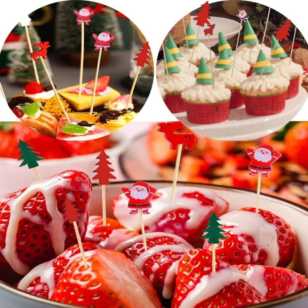 50/100Pcs Disposable Christmas Fruit Picks Santa Claus Fruit Salad Bamboo Sticks  Dessert