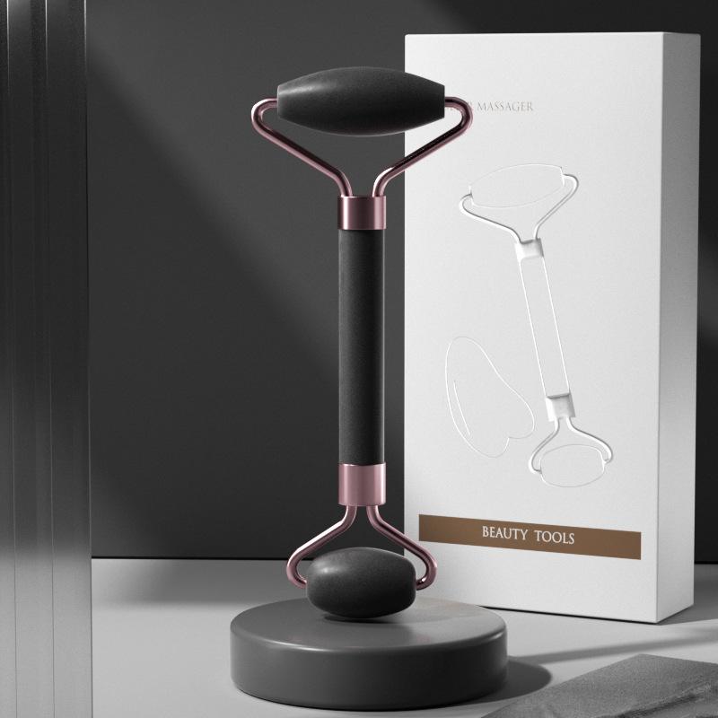 

Rose Quartz Roller Face Massager Double Head Facial Lifting Tool Black Roller & Gua Sha Box