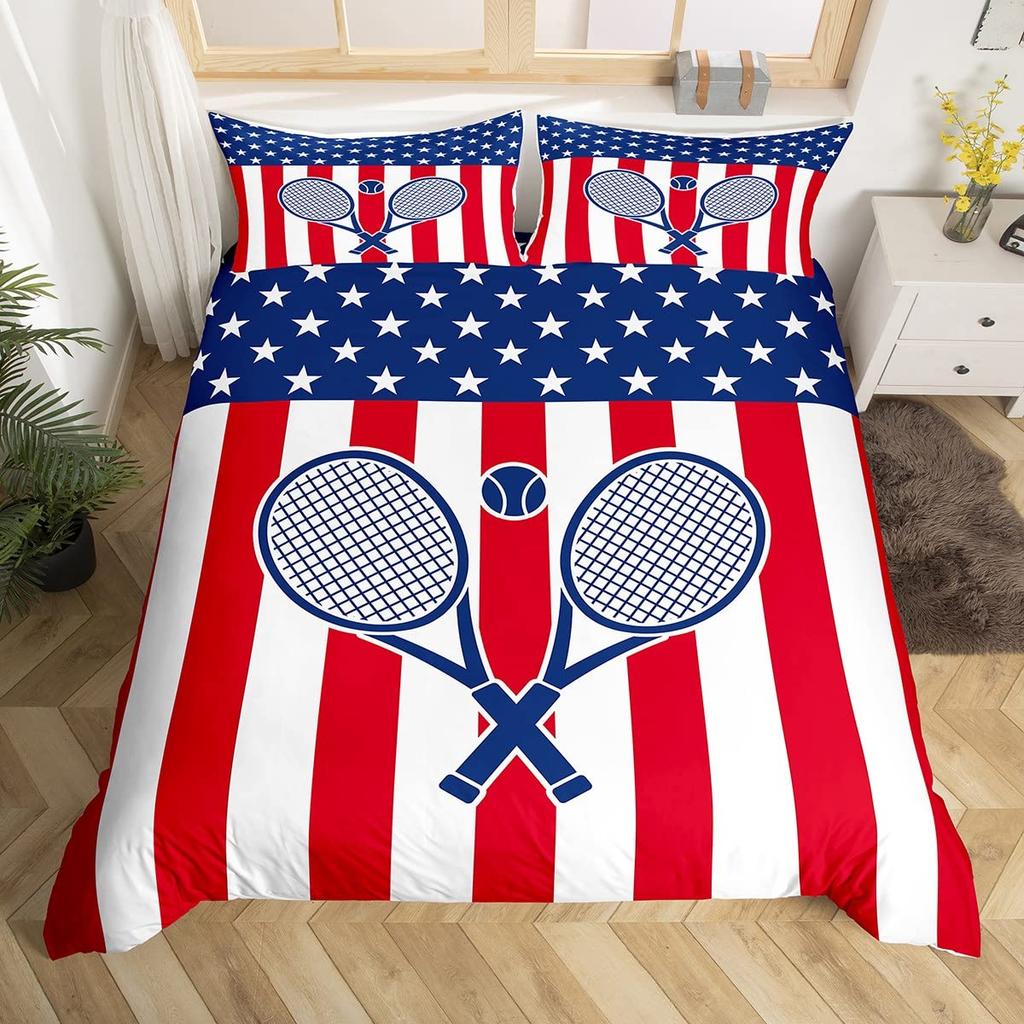 Bettwäsche-Set mit Tennisplatz-Print, Jungen Sportspiele Themen-Bettdeckenbezug, Gelber Tennisschläger Sportgeräte Bettwäsche-Set