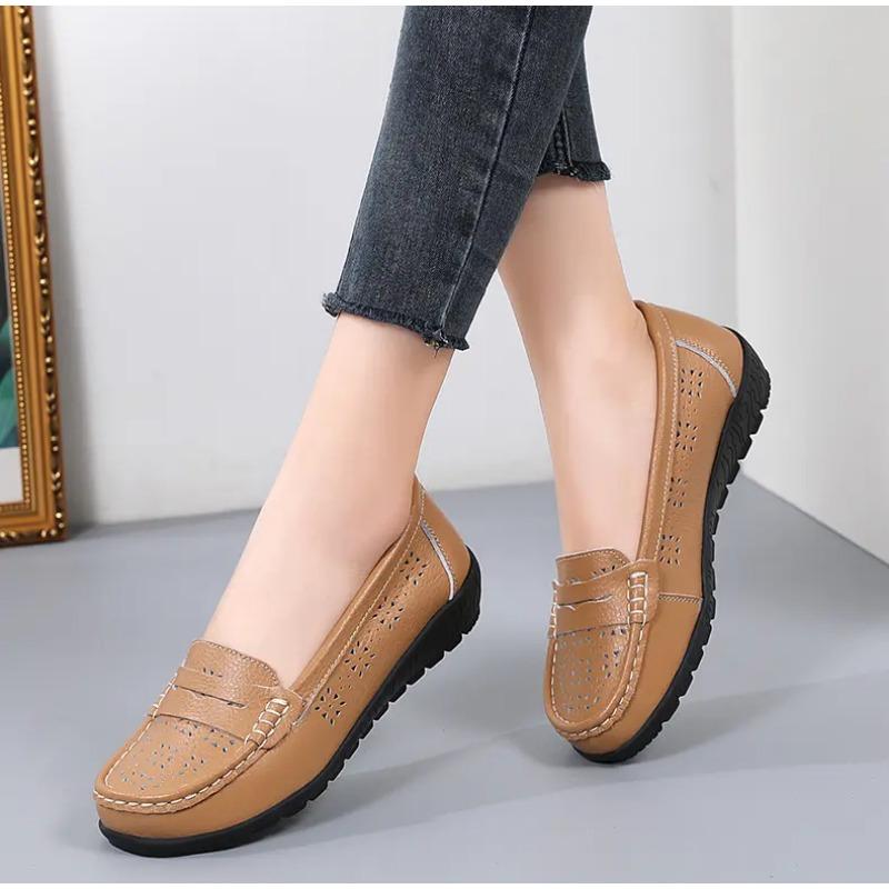 Dámské ležérní kožené mokasíny s výřezy Lehké měkká podrážka Protiskluzové Pohodlné Baleríny
