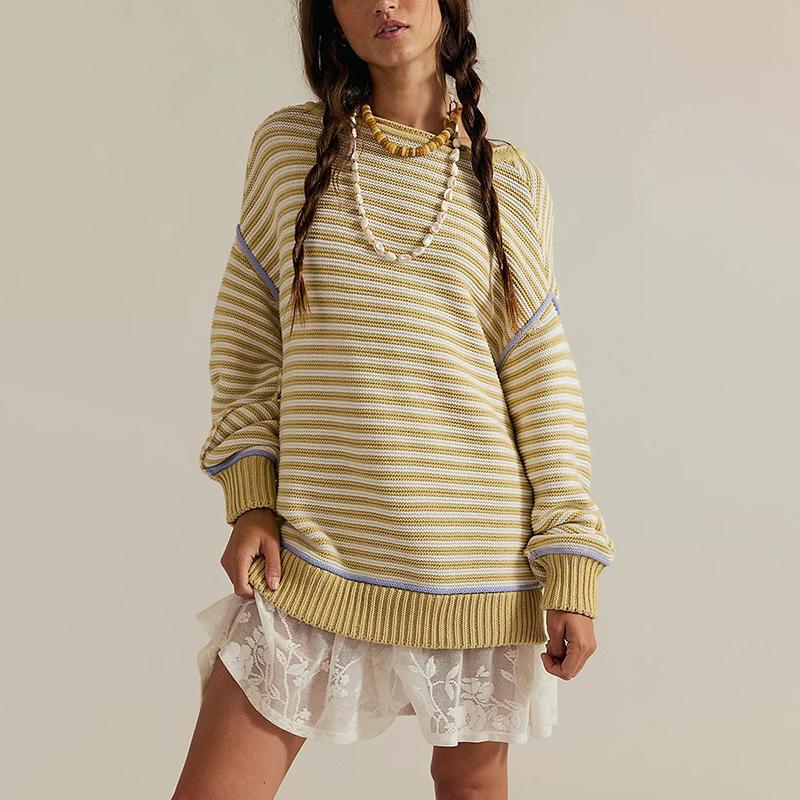 

Женский осенне-зимний пуловер с длинным рукавом и круглым вырезом, полосатый, свободный вязаный свитер, трикотажный топ XL