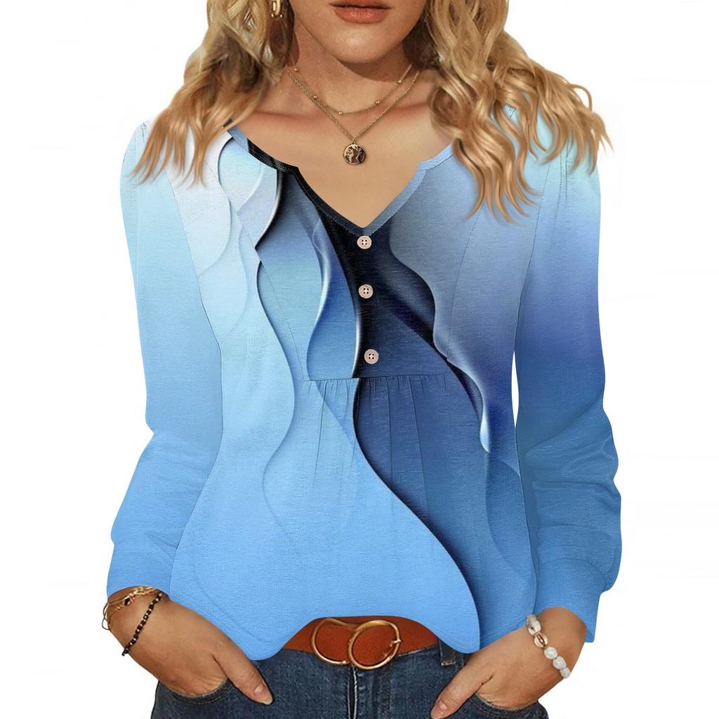 Women's Fashionable Casual V-neck Blouse Button Long-sleeved Pullover T-shirt Top