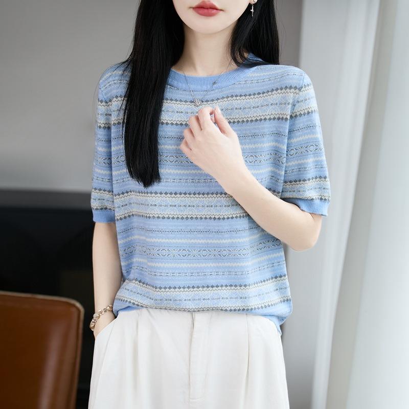 Round-neck Knitted Short-sleeved Women's Color-blocked Jacquard Base Layer Top for Spring/summer New Style Vintage T-shirt
