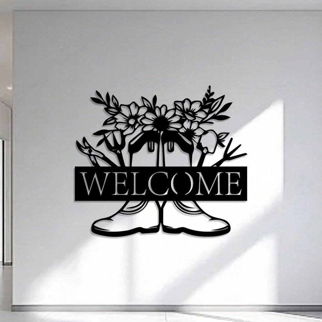 Vintage Metal Wall Art Floral Welcome Sign Durable Iron Garden Decor for Patio Yard Indoors Outdoors Easy Mount Gift