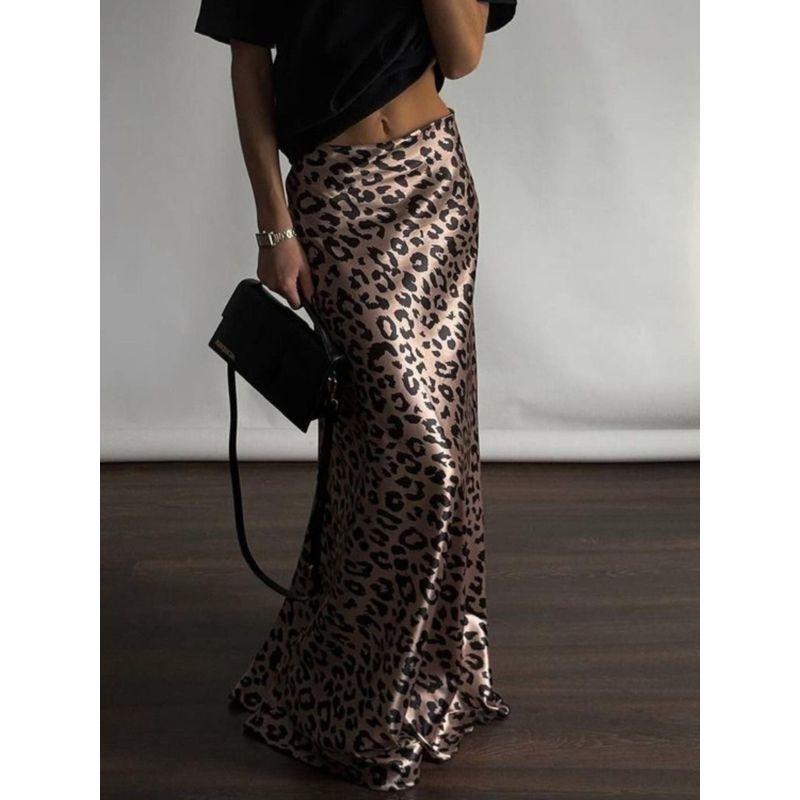 European and American Women Clothes Satin Drape Half-Length Long Dress Leopard Print Fishtail Skirt Floor-Length Dress Leopard Print Skirt