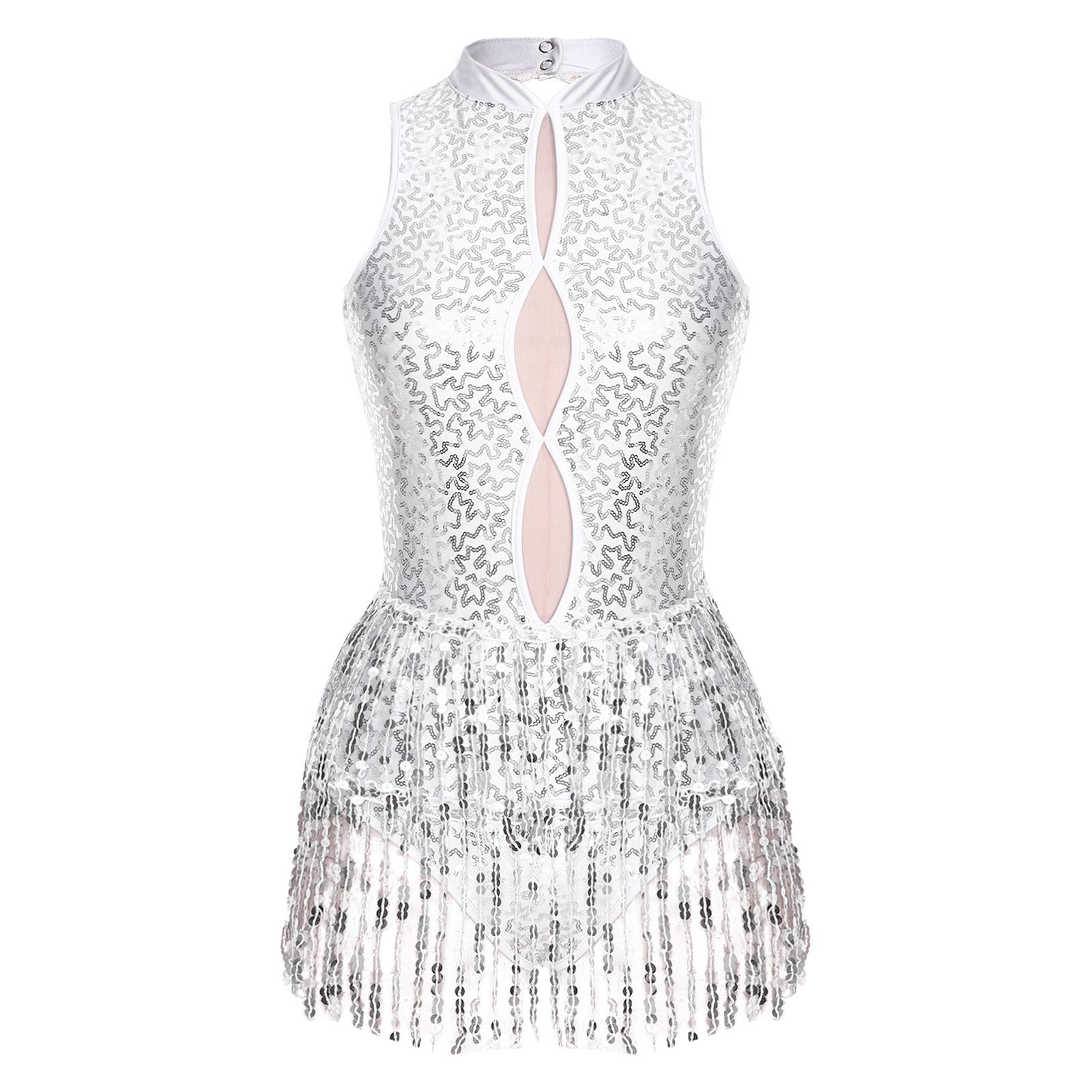 

Женский сверкающий танцевальный костюм с блестками, кисточками, бахромой, вырезом-замочной скважиной, без рукавов, купальник для выступлений на сцене S белый