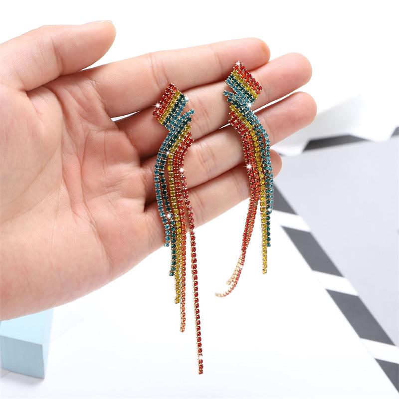 S925 Silver Needle Rhinestone Tassel Earrings - Exquisite Long Claw Chain with Colored Diamonds, European & American Style