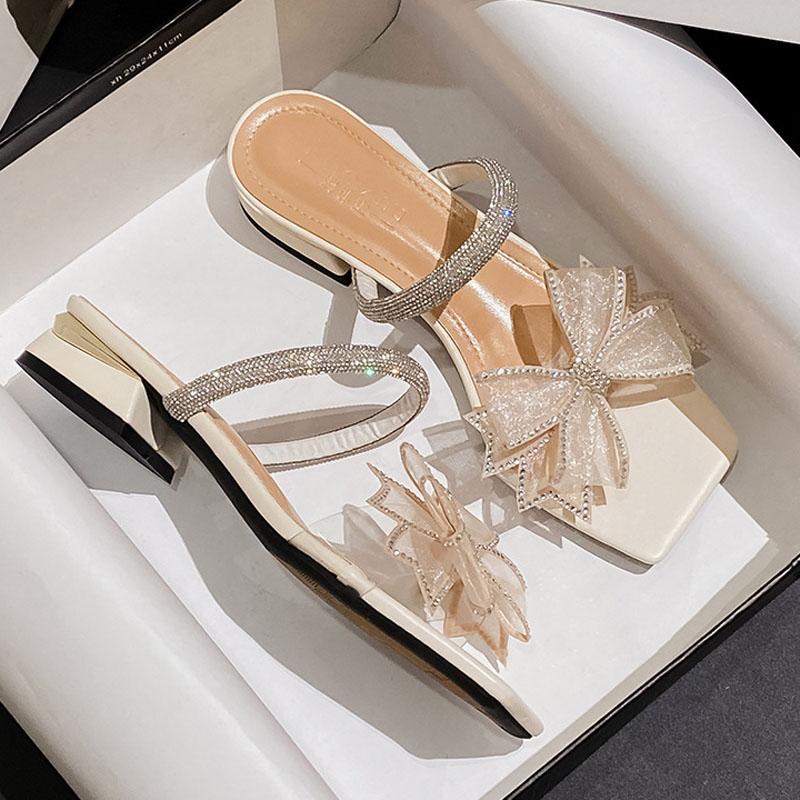 New Shoes for Women Summer Beautiful Mesh Bowknot Sandals Girl Middle Heels Pumps Ladies High Heels Shoes 35-43