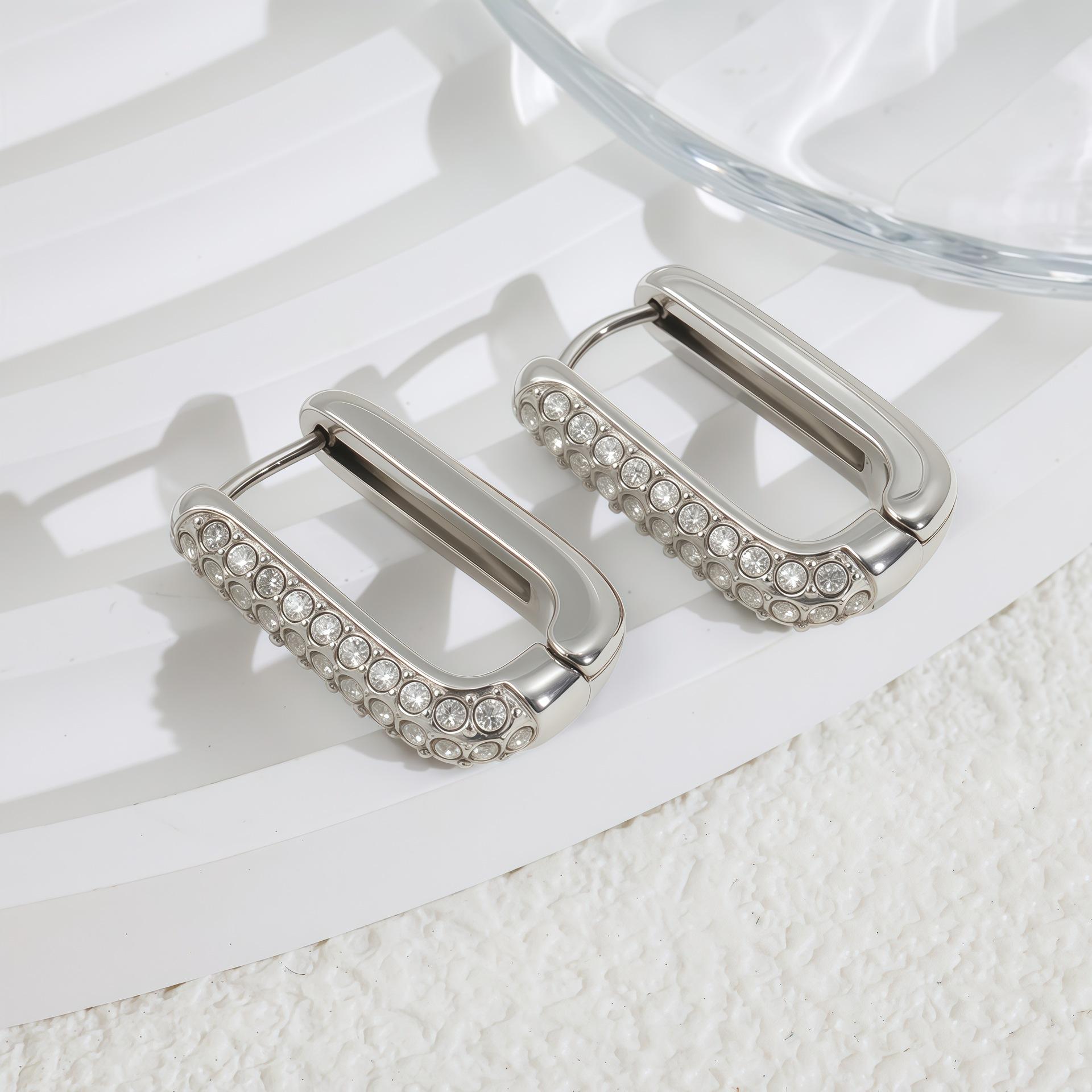 

Gold and silver two-color square with diamond ear buckle fashionable personalized geometric earrings