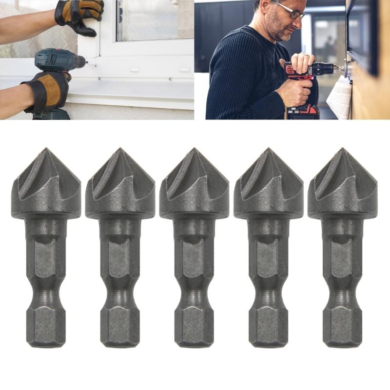 Pack of 5 Hexagonal Handle High Speed Steel Chamfer Drill Bits for Wood and Metal Drilling Woodworking Hole Opener Tool