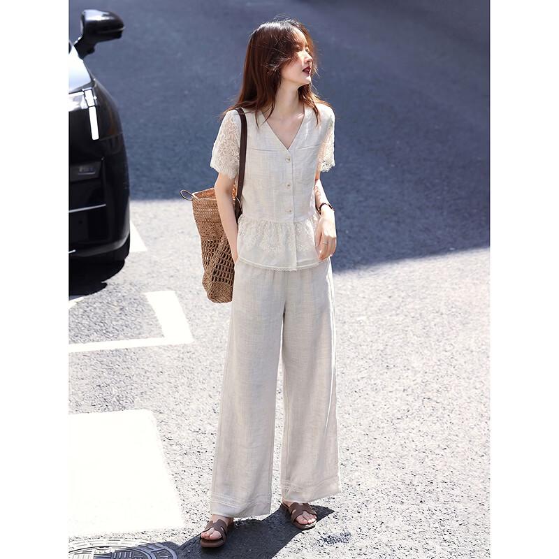 Lyocell & Linen Blend Lace Patchwork Shirt & Cropped Pants Set
