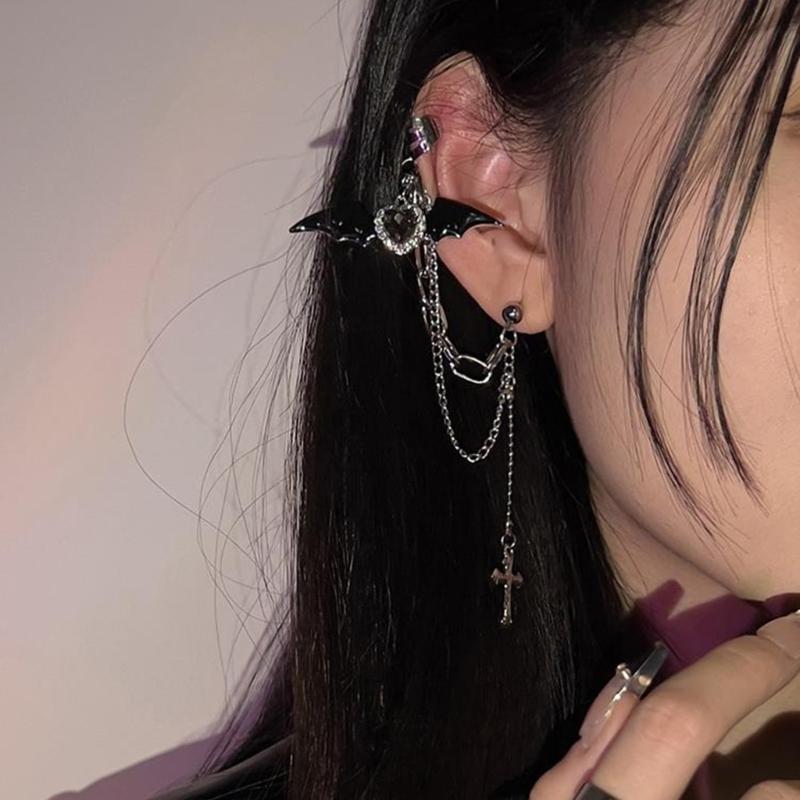 Goth Punk Halloween Devil Stud Earrings Women Rhinestones Crossed Chain Ear Clip Halloween New Year Costume Accessories