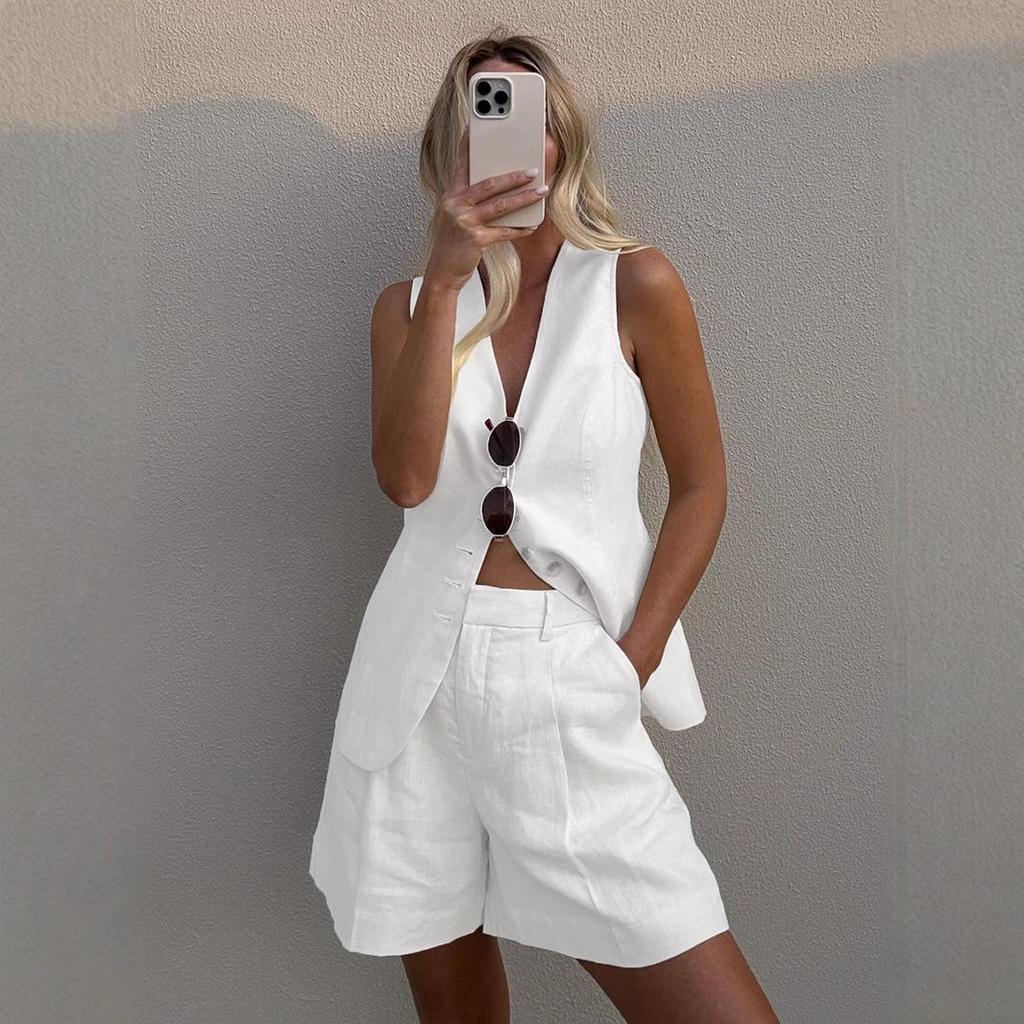 Cotton And Linen Casual Vest Shorts Set Women's Summer Commuter Sleeveless Tank Top Shorts Suits