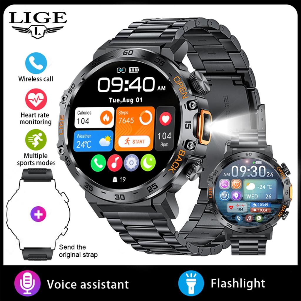LIGE New LED Lighting Smart Watch 1.53inch HD Round Screen Bluetooth Call Men Smartwatches