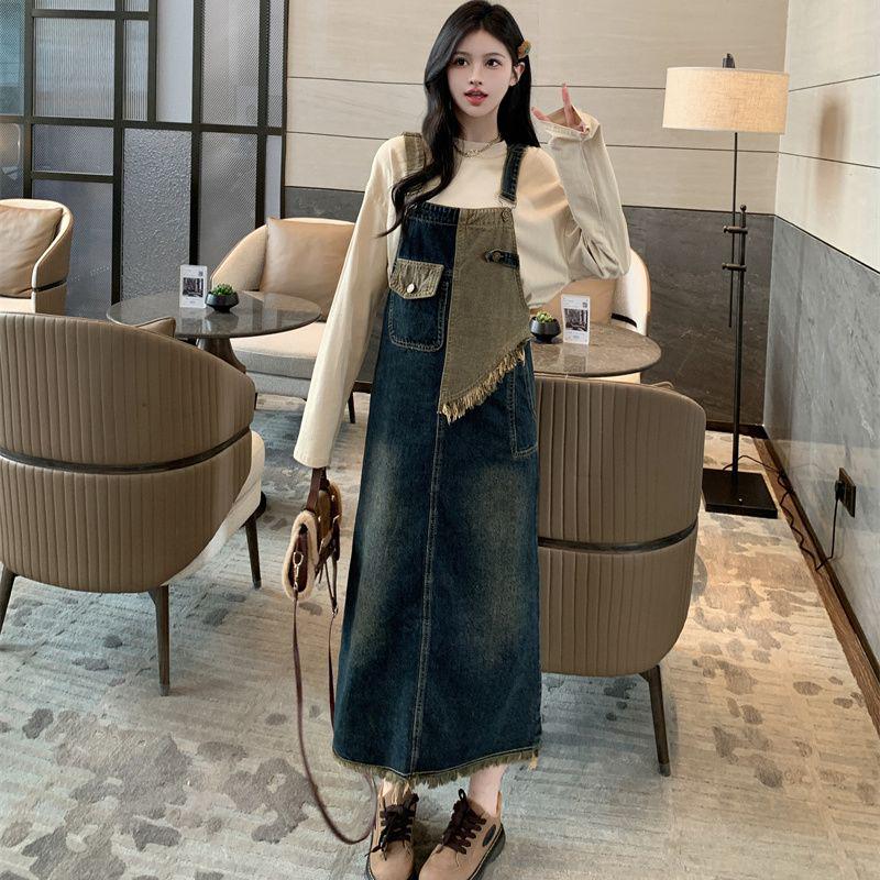 

Women s Retro Denim Overall Skirt with Slit - 2026 Slim American Street Style Long Dress M fits 80-100 jin глубокий/синий