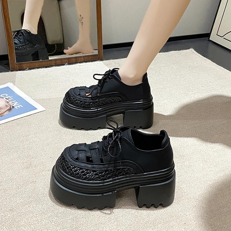 Fashion 9CM New Summer Women's Hollow Sneakers Leather High Heels Platform Lace-up Casual Shoes Thick Sole Walking Shoes Zapatos Mujer