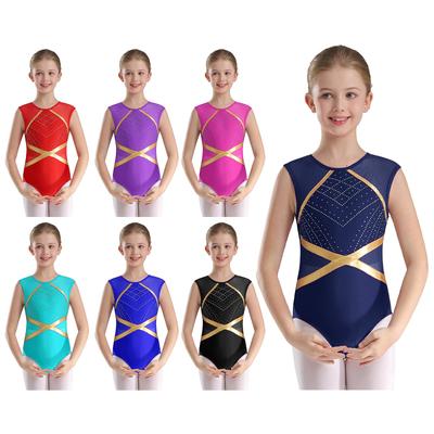 Costum de gimnastică și dans pentru fete, body fără mâneci cu strasuri strălucitoare, decupaj la spate