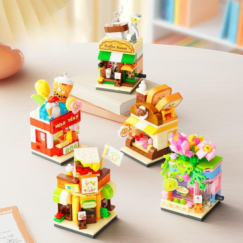 Mini City Food Street Scene Building Blocks Educational Toy Gift for Kids Creative Assembly Model