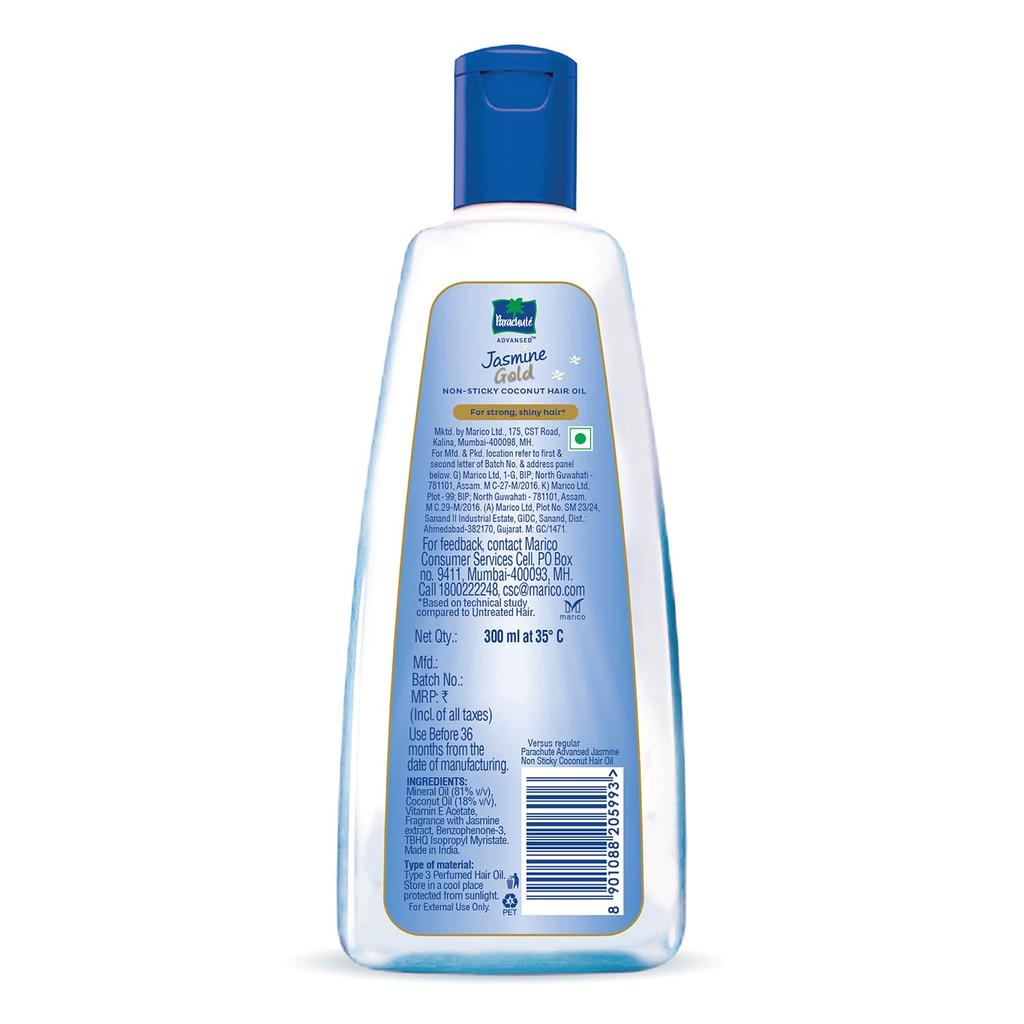 PARACHUTE Jasmine Gold Coconut Hair Oil 300ml With Vitamin E For Soft Shiny Hair Non-Sticky Nourishment For All Hair Types