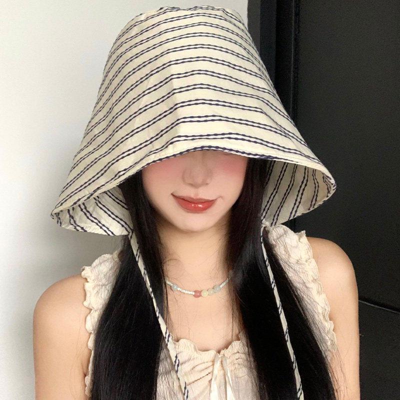 Women'S Wide-Brimmed Foldable Bucket Hat With Drawstring Korean Style Striped Panama Outdoor Hiking Hat Sun Protection Hat