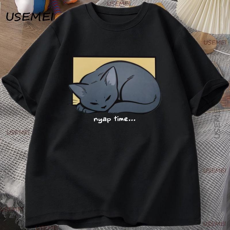 

Funny Cat Sleeping T Shirt Nyap Time Tees Men Casual Crewneck Cotton T-shirt Casual Breathable Loose T-shirt Couple Tops XL чёрный