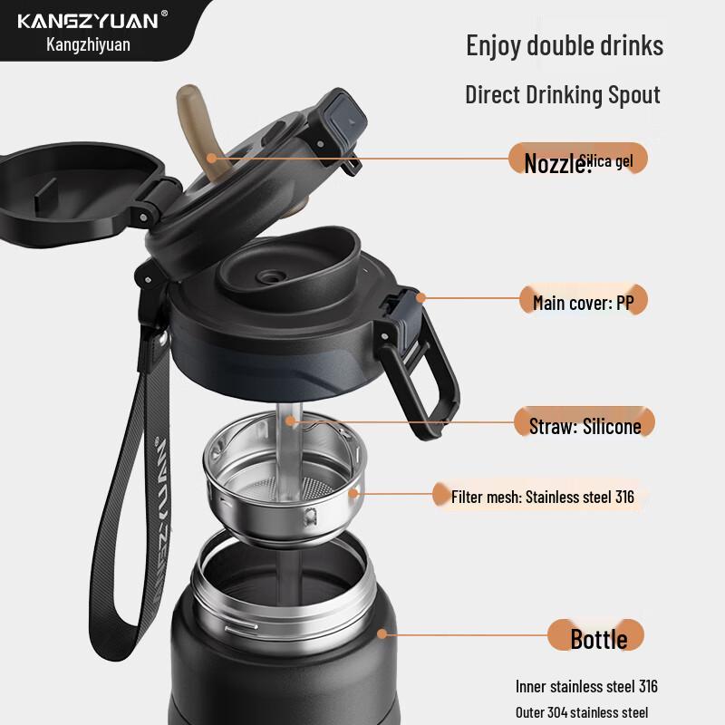 KANGZYUAN 316 Stainless Steel Insulated Dual-Drink Sports Water Bottle