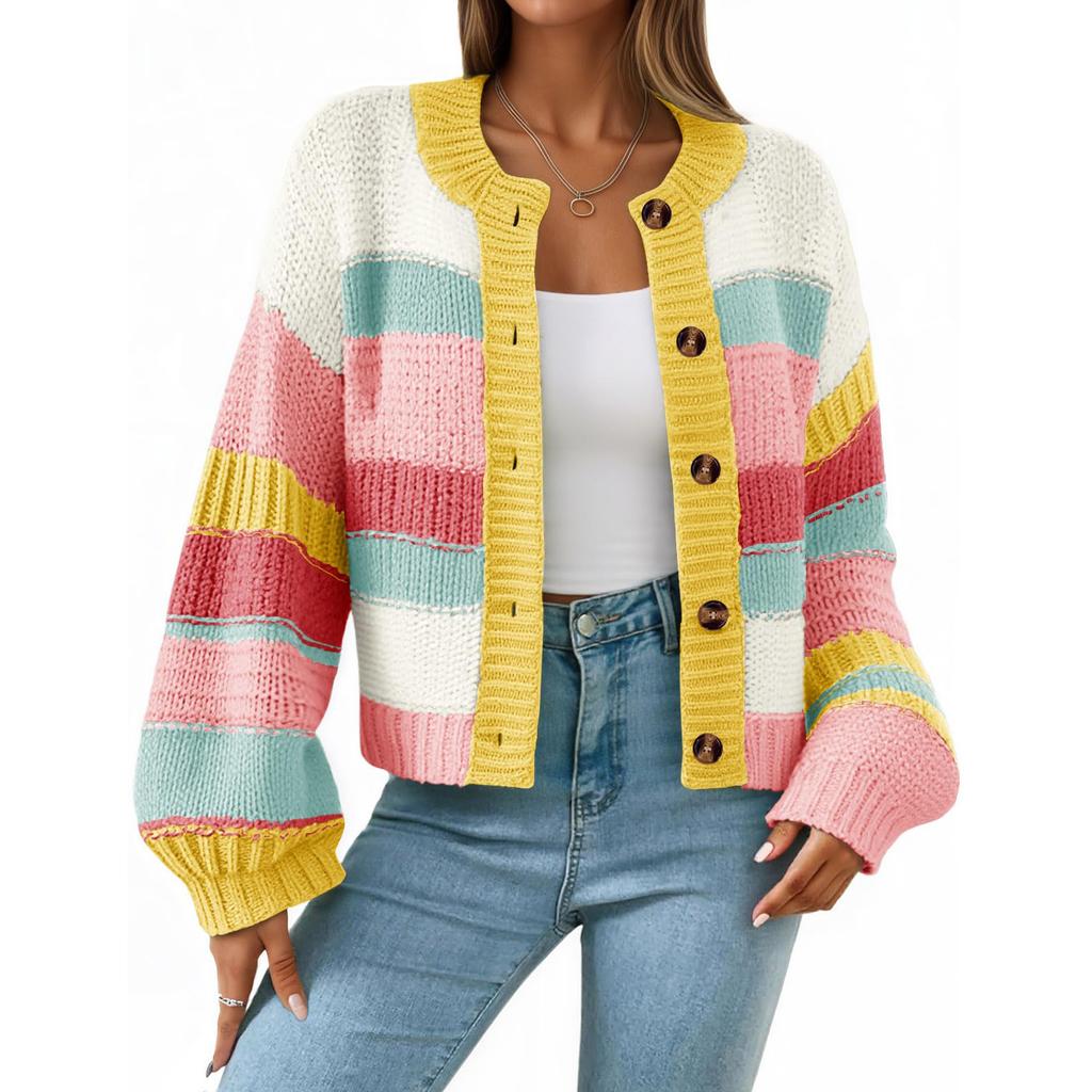 Women's Striped Chunky Needle Button-Down Cardigan Sweater Colorblock Long Sleeve Knitted Jacket