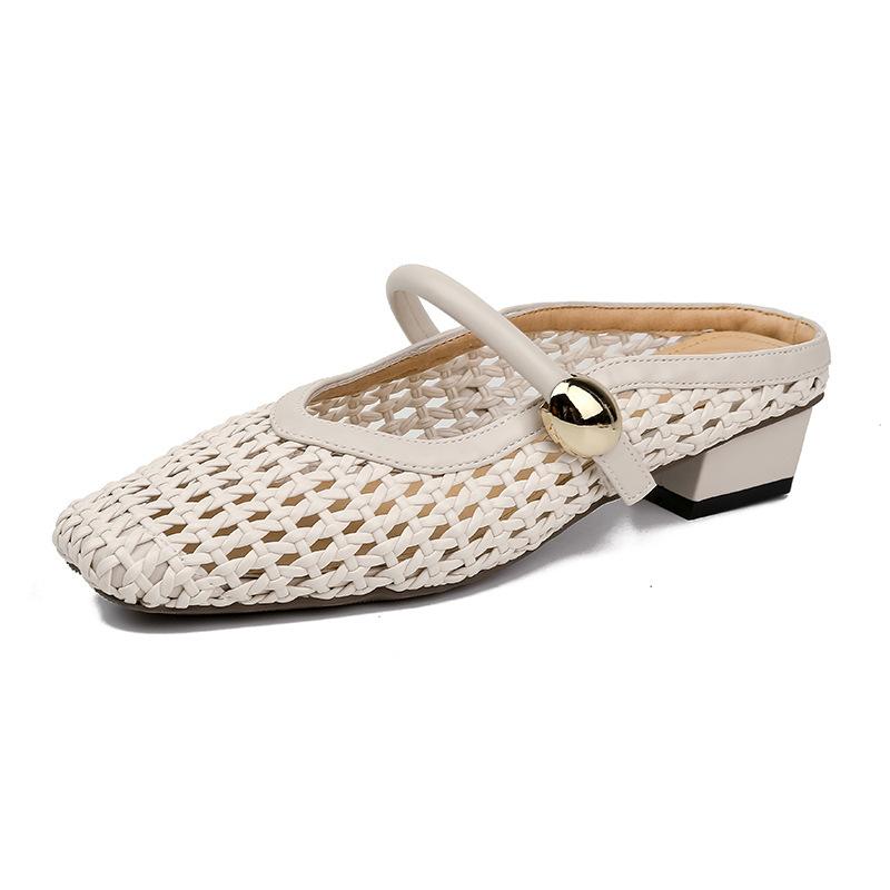 Square head woven hollow outer wear slippers inner height increase belt metal buckle bag head thick heel fashion sandals women's summer