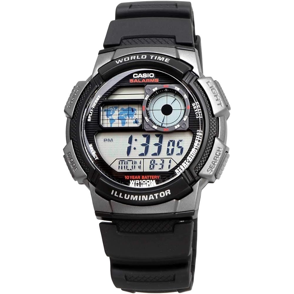 Casio World Time Digital Men's Watch AE-1000W-1BV Black Gray Metallic Water Resistant Lightweight