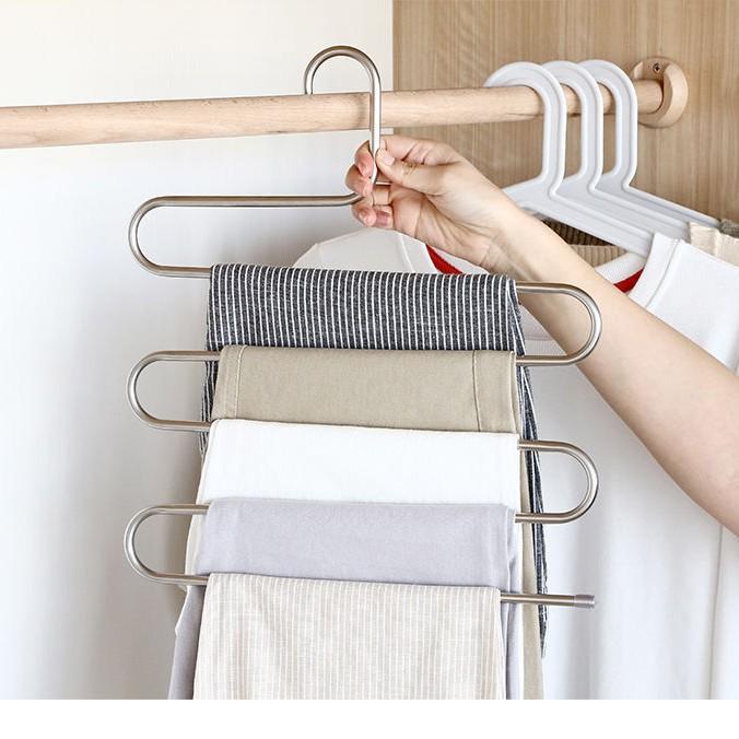 5-Tier Stainless Steel Pants Hanger – S-Shaped, Non-Slip, No-Mark Multi-Layer Organizer for Closet Storage, Ideal for Jeans & Trousers, Space-Saving