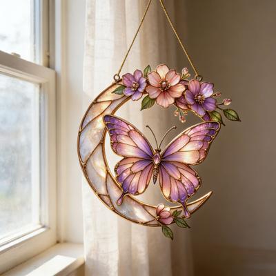 Borboleta Lua Flores Suncatcher de Acrílico Estilo Vitral Rosa Decoração para Pendurar na Janela para Interior Exterior Jardim Decoração de Casa
