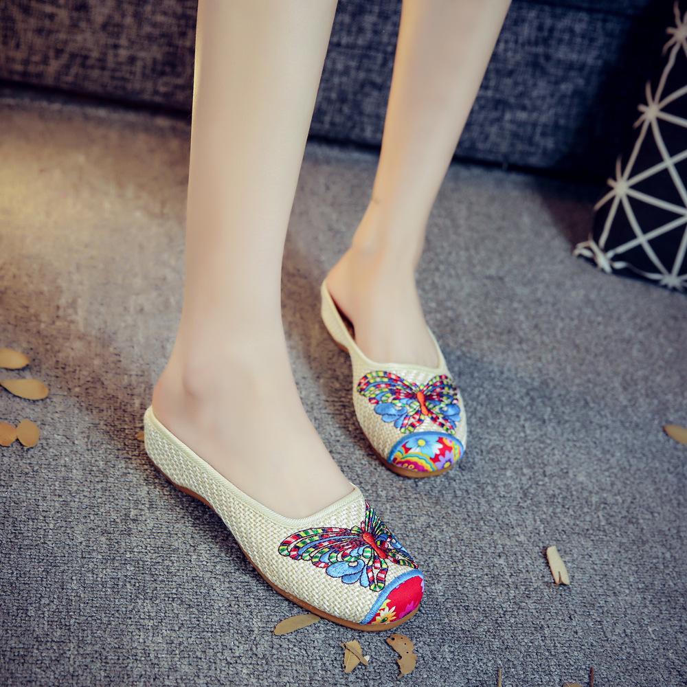 Floral Embroidered Summer Flat Slippers for Women