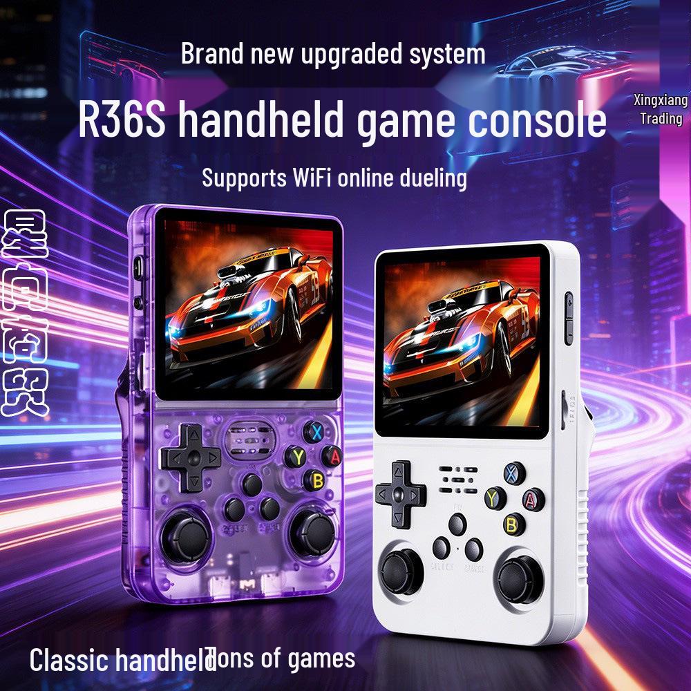 R36S Handheld Game Console: New Android Model with WiFi, Online Multiplayer, Two-Player Battle, Portable HD Color Screen.