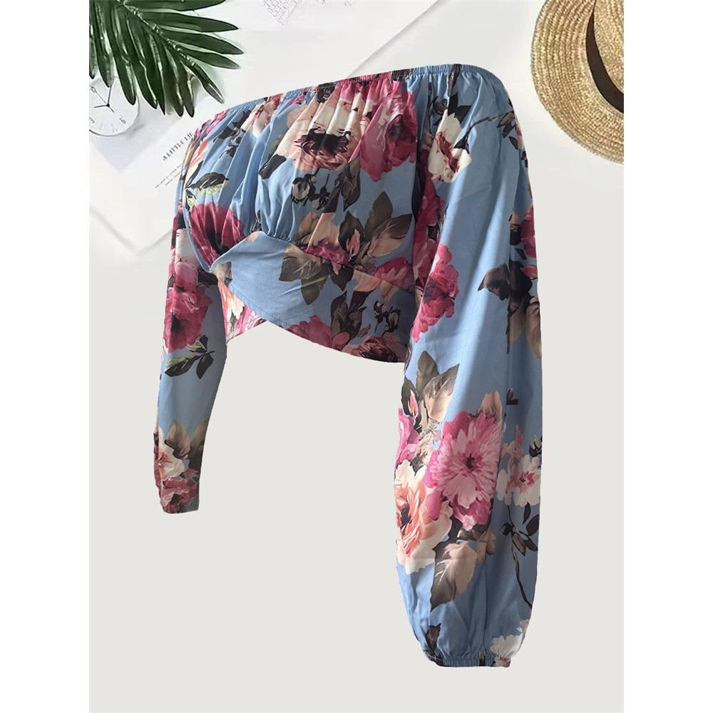 Women's long sleeves off-shoulder one-length neck lantern sleeve printed shirt