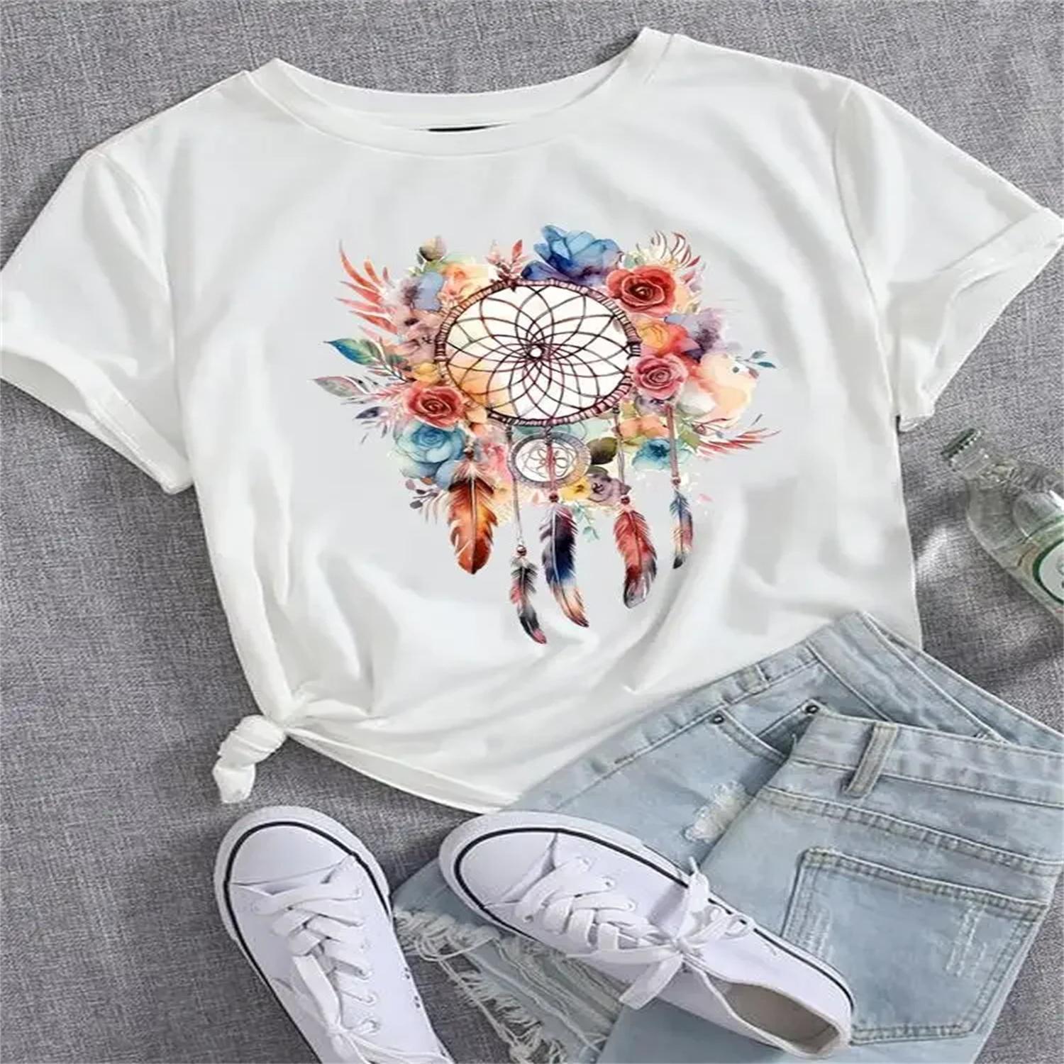 

Casual Tee O-neck Women Graphic T-shirts Feather Vintage Cute 90s Clothing T Fashion Short Sleeve Printed Female Clothes XXXXXL білий