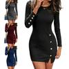 Women Dress Solid Color Buttons Autumn Winter Elegant Slit Hem Dress for Party