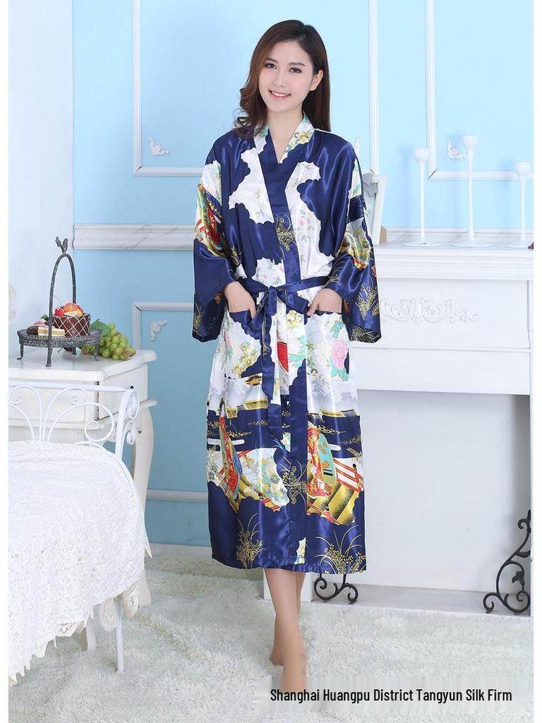 Εξαιρετικά Μακρύ Γυναικείο Μεταξωτό Ρόμπα Γκέισας σε Φλοράλ Σατέν Σχέδιο