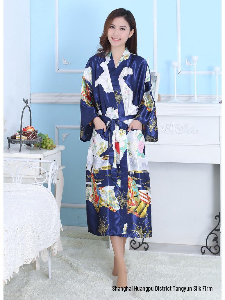 Очень длинный женский шелковый халат гейши с цветочным сатиновым дизайном L темно-синий