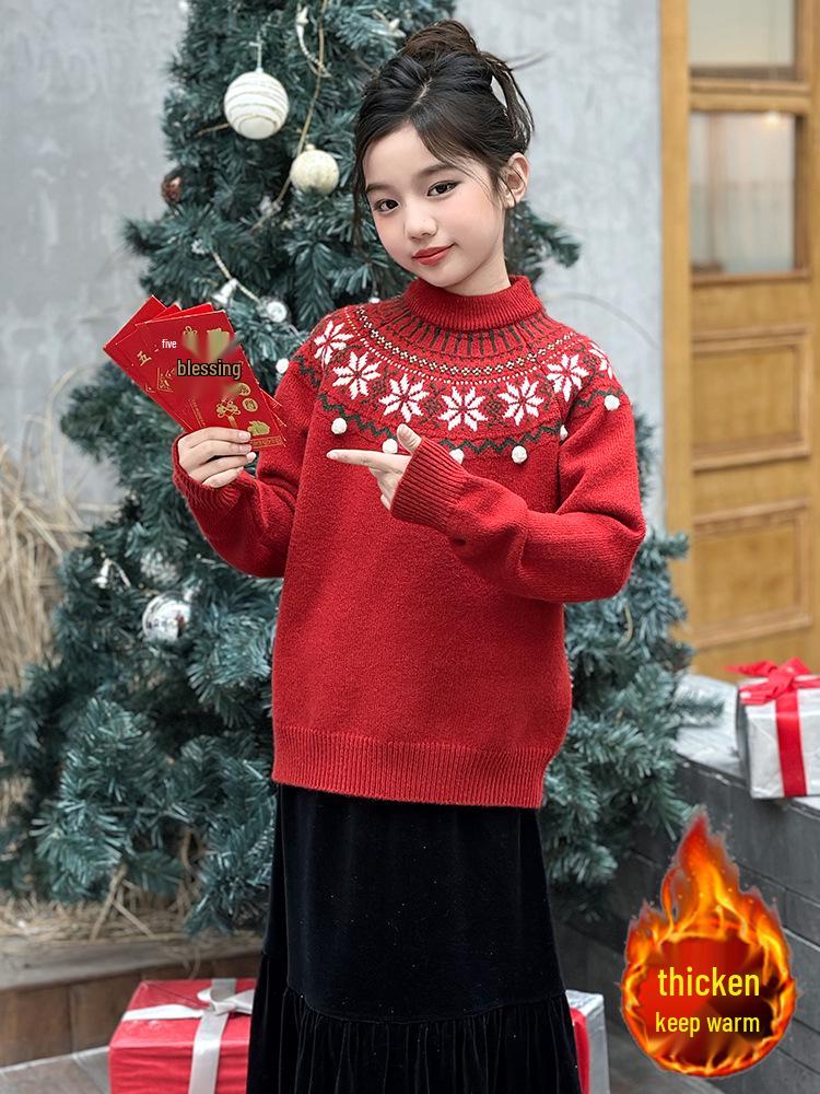 Girls' Retro Jacquard Knit Sweater - Round Neck, Long Sleeves, Autumn/Winter 2025 Collection