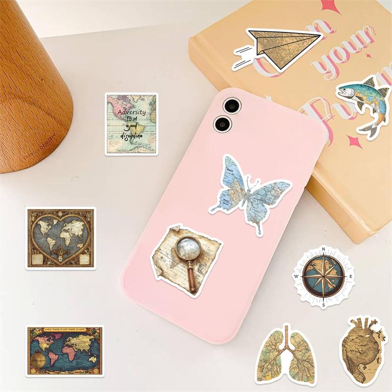 10/30/50PCS Cartoon Vintage Map Sticky PVC Sticker Aesthetic Stationery DIY Decoration Scrapbooking Children's Supplies