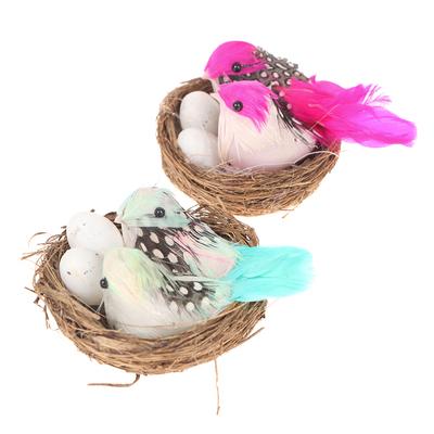 1 סט פיסול ציפורים מלאכותיות נוצות וקן וביצה