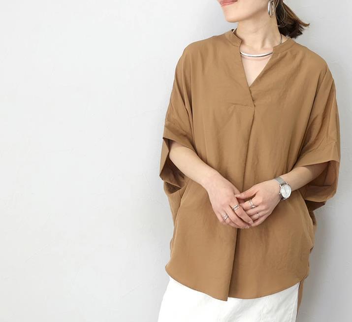 Japanese summer new spring and autumn V-neck pullover loose and thin solid color shirt top women's shirt